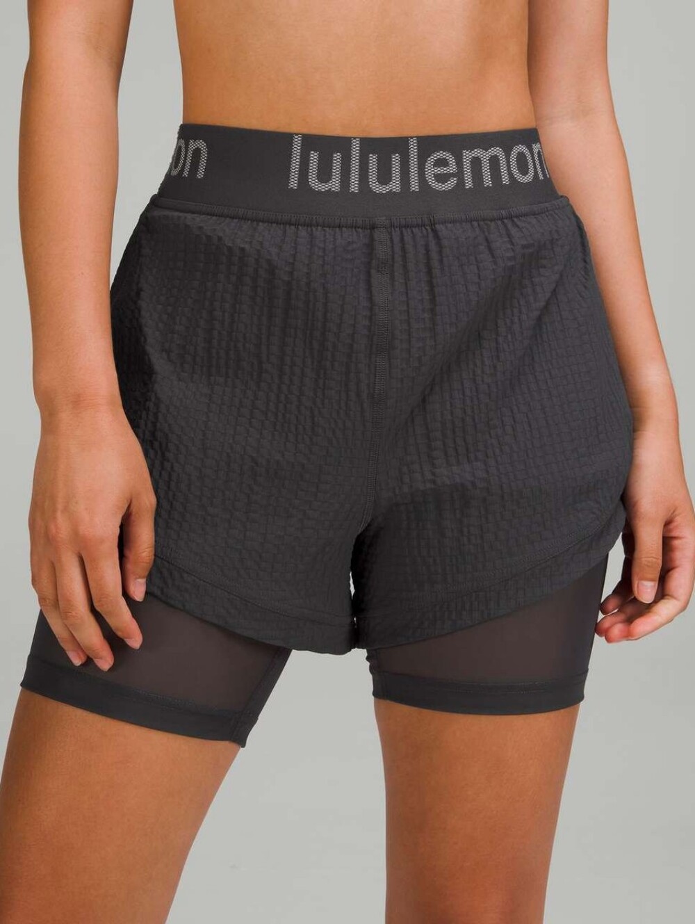 Lululemon Shorts Womens 10 Gray Logo Waistband High Rise Training 2 In 1 Lined
